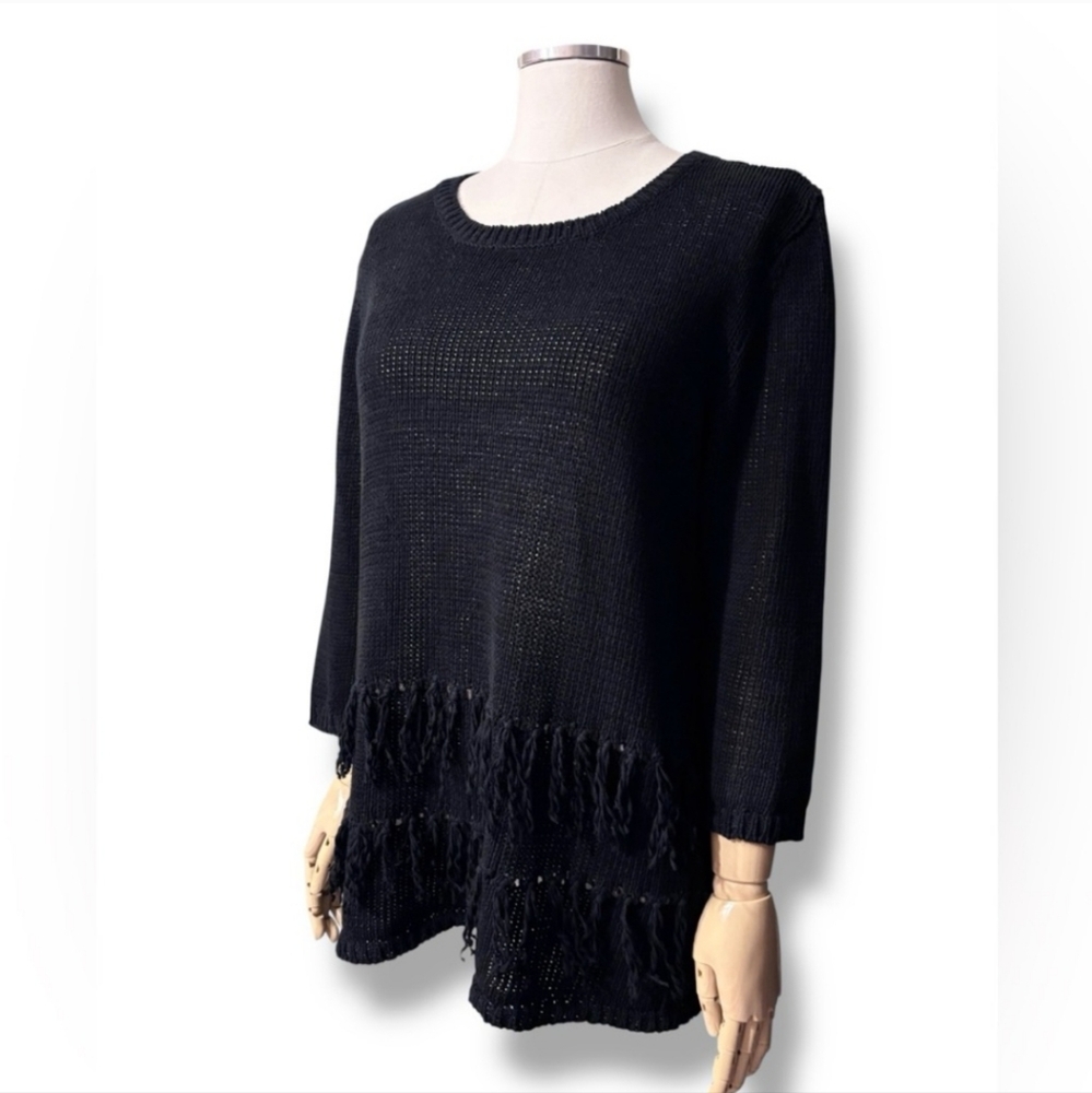 ELLIOT LAUREN Black Scoop Neck Loose Knit Sweater Fringe Detail 3/4 Sleeves